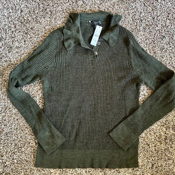 NWT J. Crew Ruffle-collar Ribbed Merino Wool Sweater Olive XXL - Picture 2 of 2